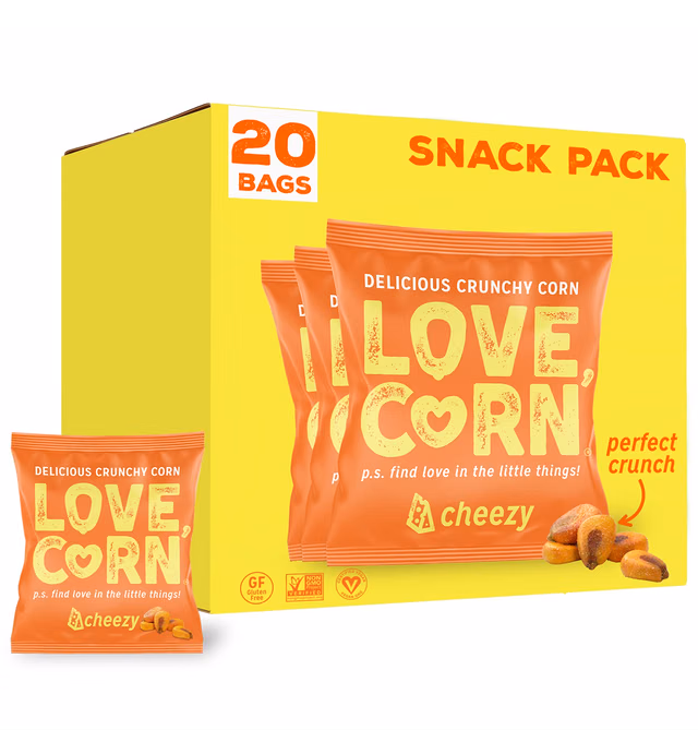 LOVE CORN Cheezy 0.7oz x 20 bags - Delicious Crunchy Corn - Healthy Family Snacks - Gluten Free, Kosher, NON-GMO - Alternative for Chips, Nuts, Crackers & Pretzels - Perfect for Charcuterie Boards
