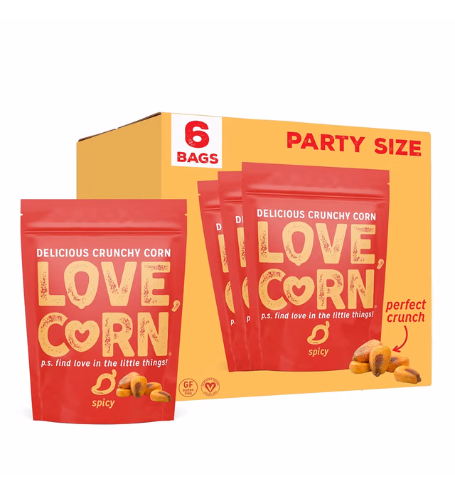 LOVE CORN Spicy | Delicious Crunchy Corn Natural Snack | 4oz x6 bags | Non-GMO, Gluten-Free, Plant Based, Vegan, Low-Sugar