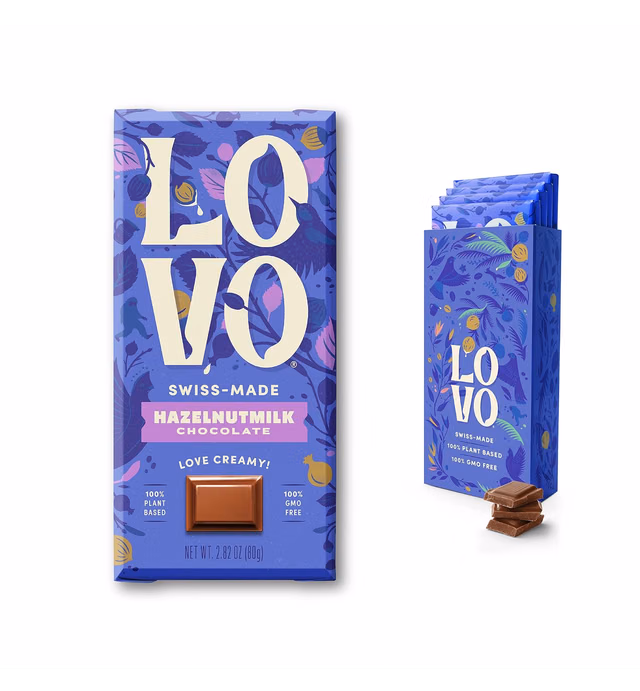 LOVO Hazelnutmilk Chocolate, 100% Plant-based, Vegan, Non-GMO, Gluten-Free, Swiss-made. 4 Count.