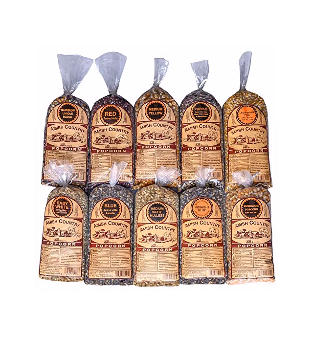 Amish Country Popcorn - 10 (1 Lb Bag) Variety Gift Set Bundle (Red, Blue, Medium White, Midnight Blue, Purple, Ladyfinger, Baby White, Rainbow, Medium Yellow, and Mushroom)