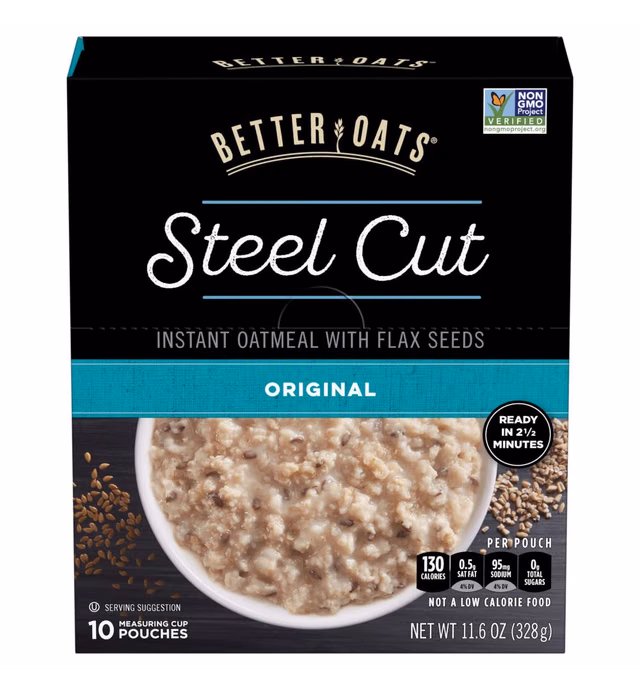 Better Oats Steel Cut Classic Instant Oatmeal With Flax 10 Ct Box, fruit, 11.6 Ounce