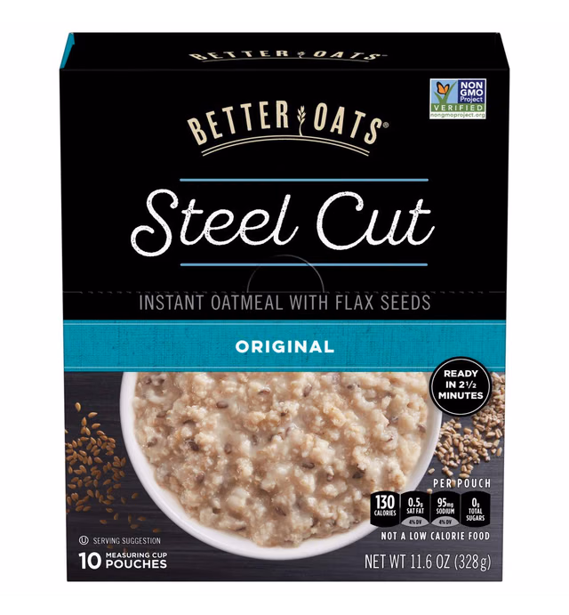 Better Oats Steel Cut Instant Oatmeal with Flax Seeds, Original, 11.6 Ounce (Pack of 6)