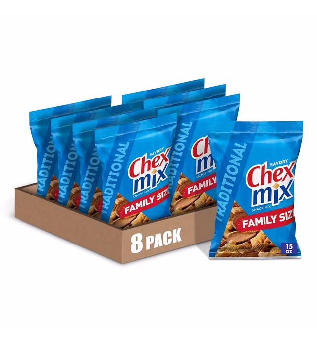 Chex Mix Snack Mix, Traditional, Savory Snack Bag, Family Size, 15 oz (Pack of 8)