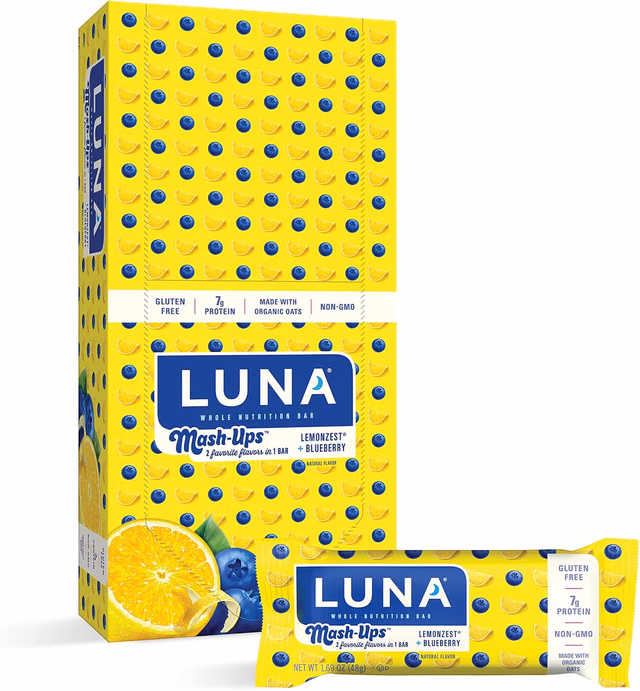 LUNA BAR - Mashups - Gluten Free Snack Bars - Lemon Zest & Blueberry - 7g of protein - Non-GMO - Plant-Based Wholesome Snacking - On the Go Snacks (1.69 Ounce Snack Bar, 15 Count)