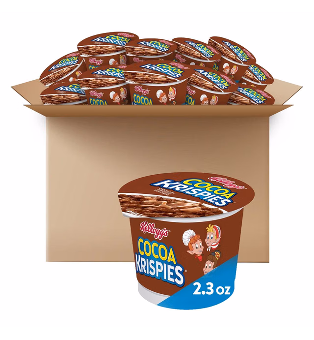 Kellogg's Cocoa Krispies Cold Breakfast Cereal Cups, Kids Snacks, Cereal Cups to Go (12 Cups)