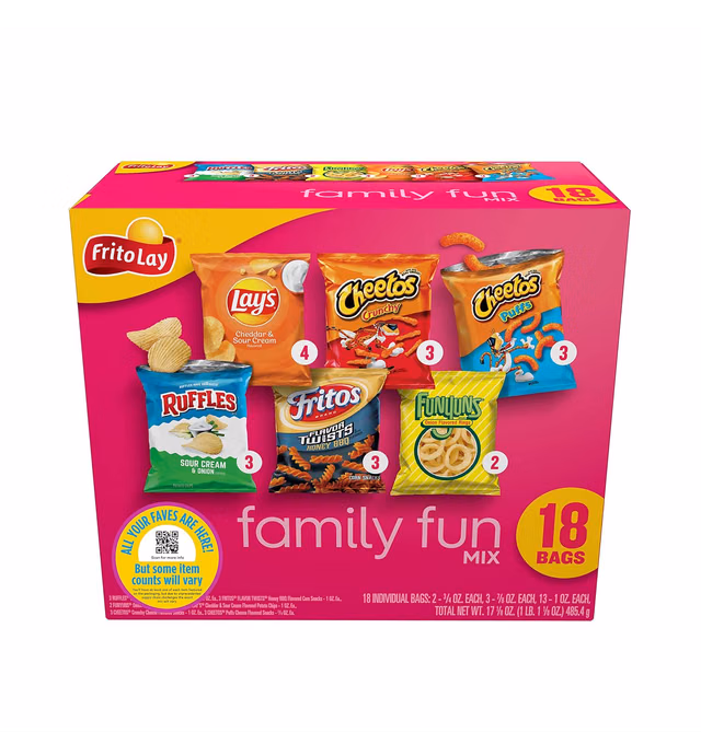 Frito-Lay Snacks Family Fun Mix Chips Variety Pack, Ruffles, Fritos, Cheetos, Lay's, Funyuns,18 Count(Pack of 1)(Assortment May Vary)