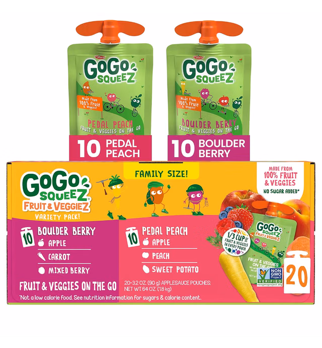 GoGo squeeZ Fruit & veggieZ Variety Pack, Pedal Peach and Boulder Berry, 3.2 oz (Pack of 20), Unsweetened Snacks for Kids, Gluten Free, Nut Free, Dairy Free, Recloseable Cap, BPA Free Pouches