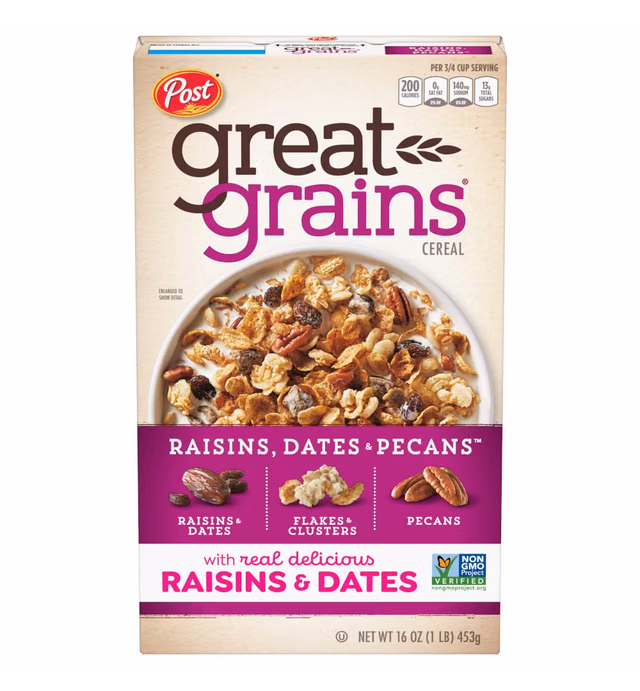 Post, Breakfast Cereal, Great Grains, Raisins, Dates, Pecans, 16 Oz