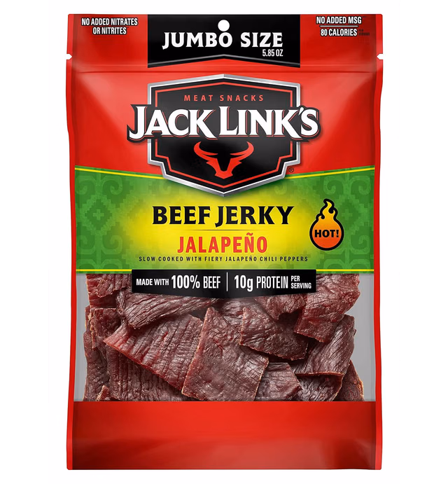 Jack Link's Beef Jerky, Jalapeno, Spicy Meat Snack – Made with a Hint of Jalapenos and Red Chiles, 10g of Protein, 80 Calories, Made with Premium Beef, 5.85oz