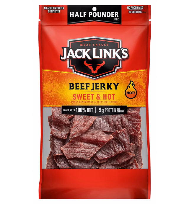 Jack Link's Beef Jerky, Sweet & Hot, ½ Pounder Bag - Flavorful Meat Snack, 9g of Protein and 80 Calories, Made with Premium Beef - 96 Percent Fat Free, No Added MSG or Nitrates/Nitrites