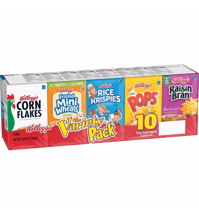 Kellogg's Cold Breakfast Cereal, Single Serve, Variety Pack, 10.94oz Tray (10 Boxes)