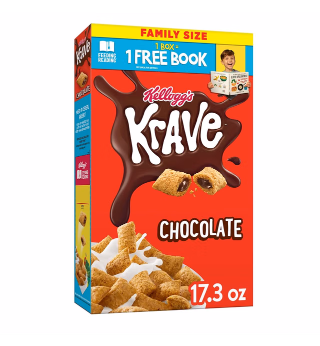 Kellogg's Krave Cold Breakfast Cereal, Kids Cereal, Family Breakfast, Family Size, Chocolate, 17.3oz Box (1 Box)
