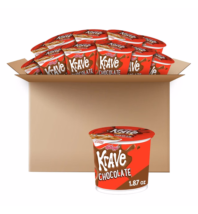 Krave Cold Breakfast Cereal Cups, 7 Vitamins and Minerals, Kids Snacks, Chocolate (12 Cups)