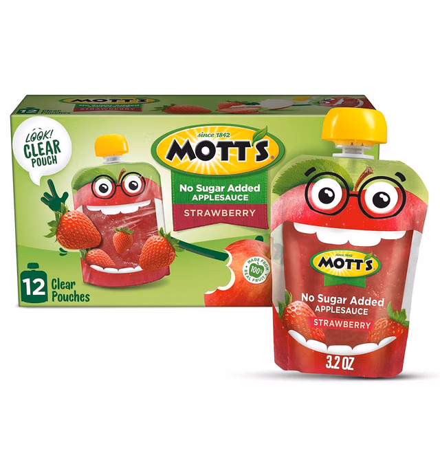 Mott's No Sugar Added Strawberry Applesauce, 3.2 oz clear pouches, 12 count