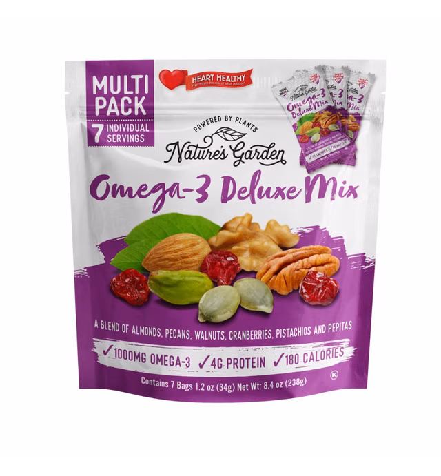 Nature's Garden Omega 3 Deluxe Mix - Trail Mix, Deluxe Mix Nuts, Heart Healthy, Gluten Free, Cholesterol Free, Sodium Free, No Artificial Ingredients - 1.2 oz Bags (7 Individual Servings)