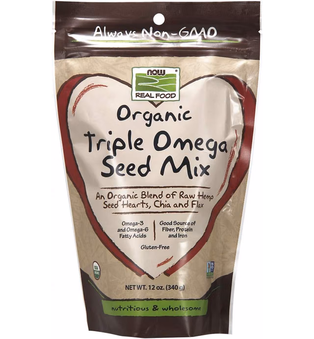 NOW Foods, Organic Triple Omega Seed Mix, Raw Hemp Seed Hearts, Chia and Flax, Omega-3 and 6 Fatty Acids, Source of Fiber, Protein and Iron, Gluten-Free, 12-Ounce (Packaging May Vary)