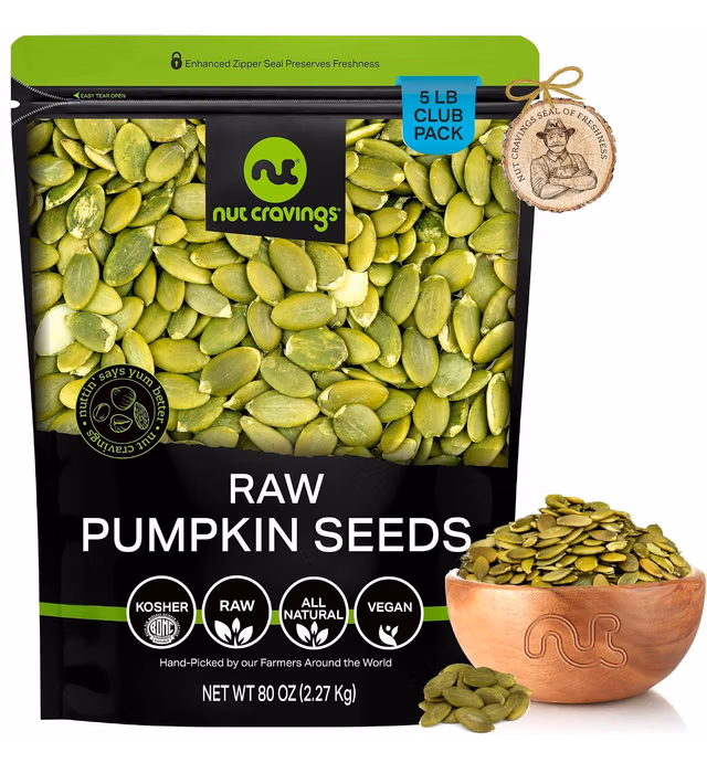 Nut Cravings - Raw Pumpkin Seeds Pepitas, Unsalted, Shelled, Superior to Organic (80oz - 5 LB) Bulk Nuts Packed Fresh in Resealable Bag - Healthy Protein Snack, All Natural, Keto, Vegan, Kosher