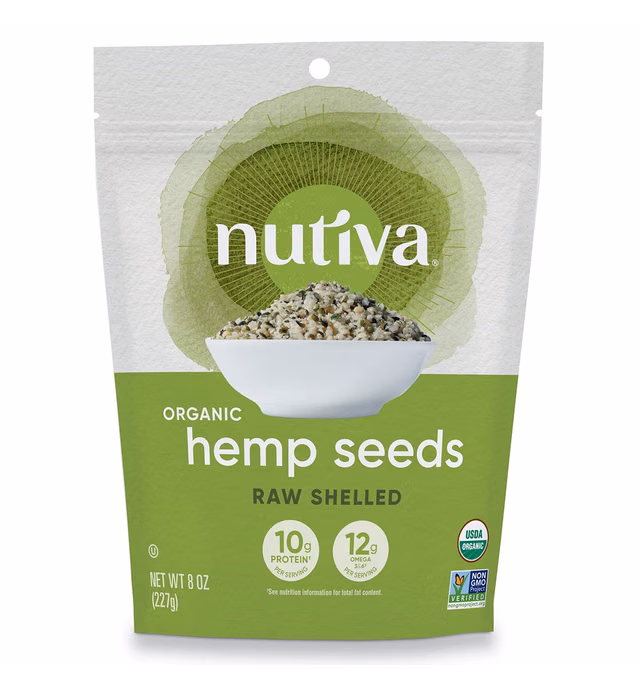 Nutiva Organic Raw Shelled Hemp Seed, USDA, Non-GMO, Non-BPA, Whole 30 Approved, Vegan, Gluten-Free & Keto, 10g Protein and 12g Omegas per Serving for Salads, Smoothies & More, Nutty flavor, 8 Ounce