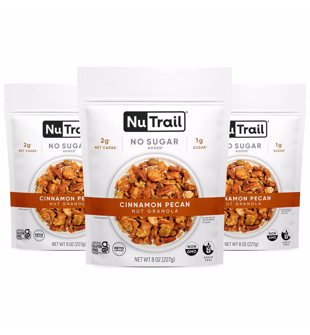 NuTrail Nut Granola, Cinnamon Pecan, No Sugar Added, Gluten Free, Grain Free, Keto, Low Carb, Healthy Breakfast Cereal 8 oz. 3 Count