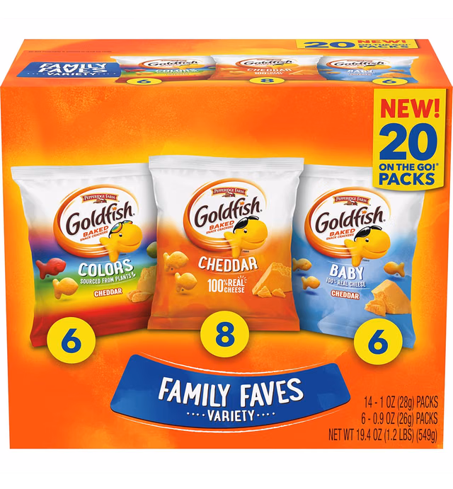 Goldfish Family Faves Crackers, Cheddar, Colors and Baby Crackers Snack Packs, 20-Count Variety Pack