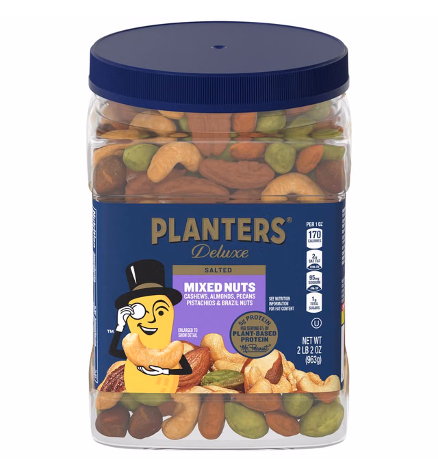 PLANTERS Deluxe Salted Mixed Nuts, Party Snacks, Plant-Based Protein 34oz (1 Container)