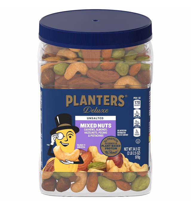 PLANTERS Unsalted Premium Blend Cashews, Almonds, Hazelnuts, Pecans Pistachios, 2.16 lb. Container