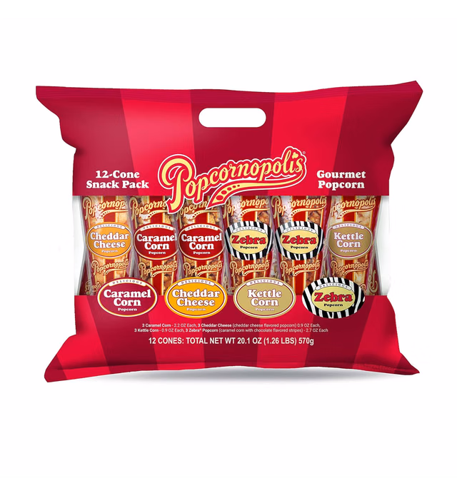 Popcornopolis Gourmet Popcorn Snacks, 12 Cone Variety Snack Packs (Gift Cone), Perfect Party Favors, Zebra Popcorn, Cheddar Cheese Popcorn, Caramel Popcorn & Kettle Corn Popcorn