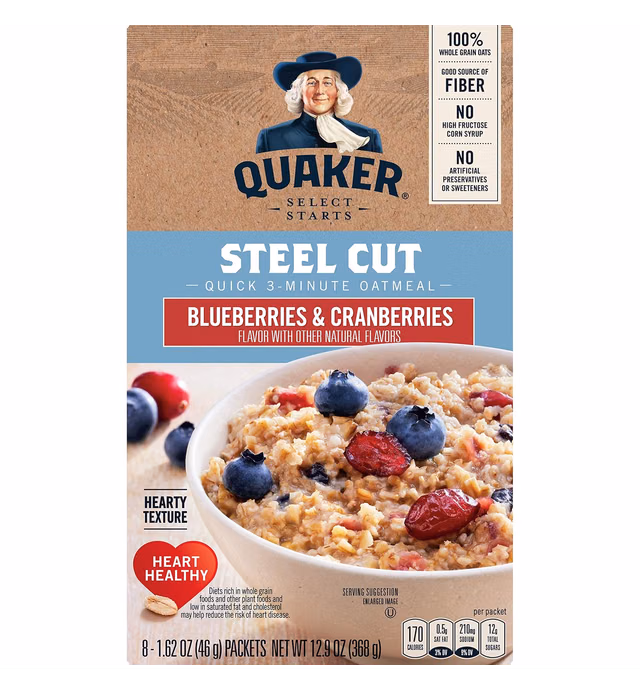 Quaker, Instant Steel Cut Oatmeal, Cranberries And Blueberries, 8 Ct