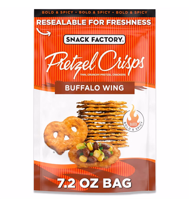 Snack Factory Buffalo Wing Pretzel Crisps, Non-GMO, 7.2 OZ Resealable Bag