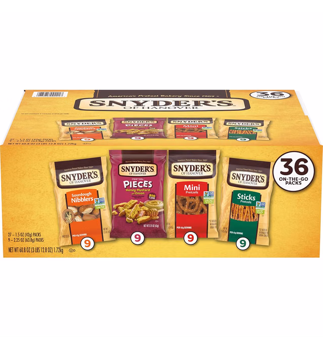 Snyder's of Hanover, Variety Pack Pretzels, Individual Packs, 4 Flavors, 36 Ct (Pack of 36)
