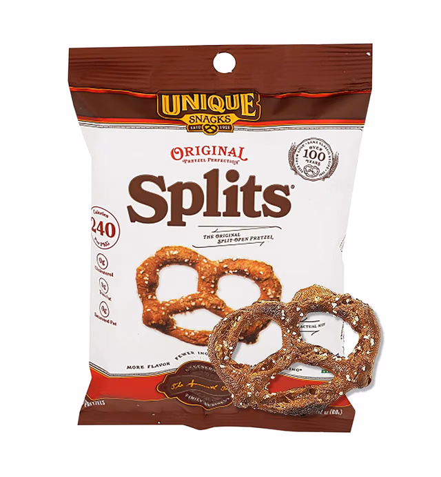 Unique Snacks Original Splits Pretzels, Delicious Homestyle Baked Snack Bag, OU Kosher, and Non-GMO Food, No Artificial Flavor, 2.12 Oz. Bag, Pack of 24