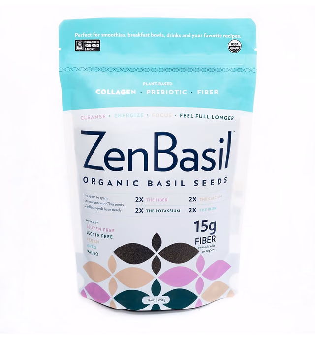 Zen Basil Seeds | Edible Basil Seeds USDA Organic, Kosher, Non-GMO, Lectin-Free, Gluten-Free, Plant-Based, Vegan, Keto, Paleo | 15g Fiber Per 2 TBS | 14oz