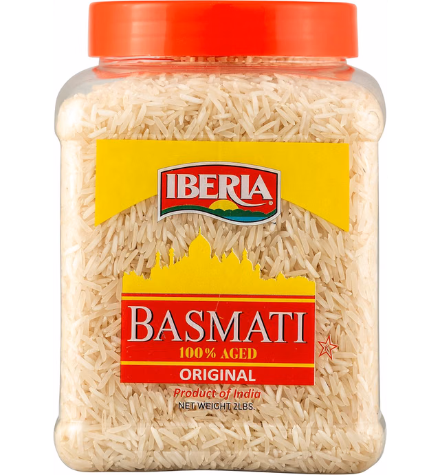 Iberia Basmati Rice Jar, 2 Pounds, Extra Long Grain, Naturally Aged Indian White Basmati Rice, Natural Basmati Rice in Food Grade Jar.