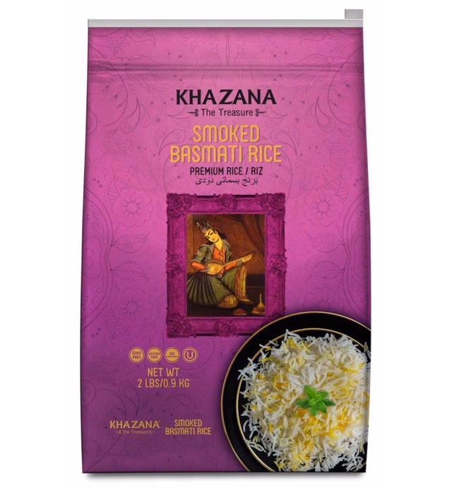 Khazana Premium Smoked Basmati Rice - 2lb Resealable Ziploc Bag | NON-GMO, Gluten-Free, Kosher & Cholesterol Free | Aged Aromatic, Flavorful, Authentic Grain From India