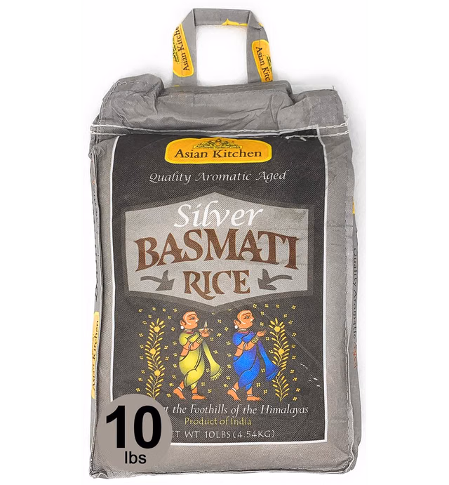 Asian Kitchen Silver White Basmati Rice Extra Long Aged 10lbs (4.54kg) ~ All Natural | Gluten Friendly | Vegan | Indian Origin | Export Quality