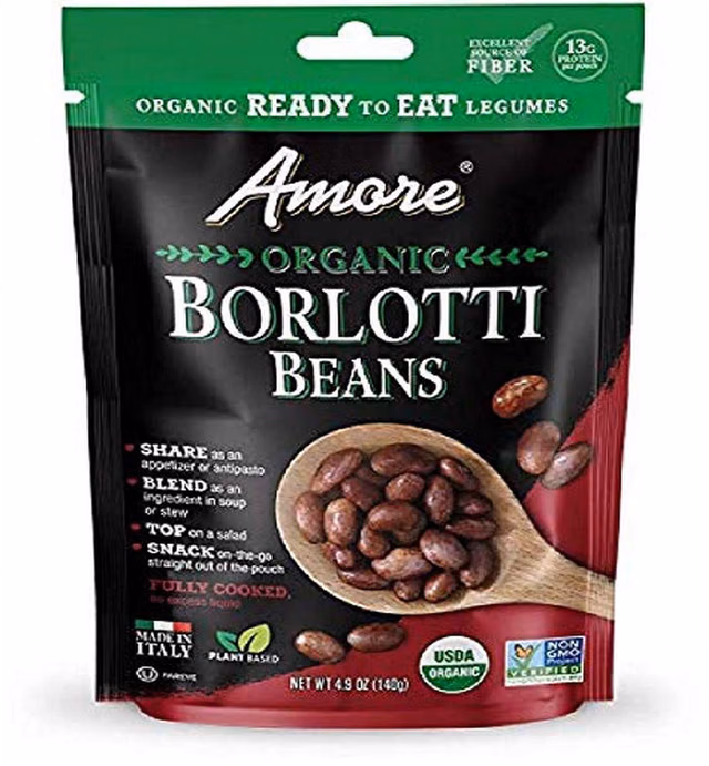 Amore Ready-To-Eat Organic Beans, 4.9 Oz Bag, 8 Pack (71081), Borlotti Beans, 39.2 Oz