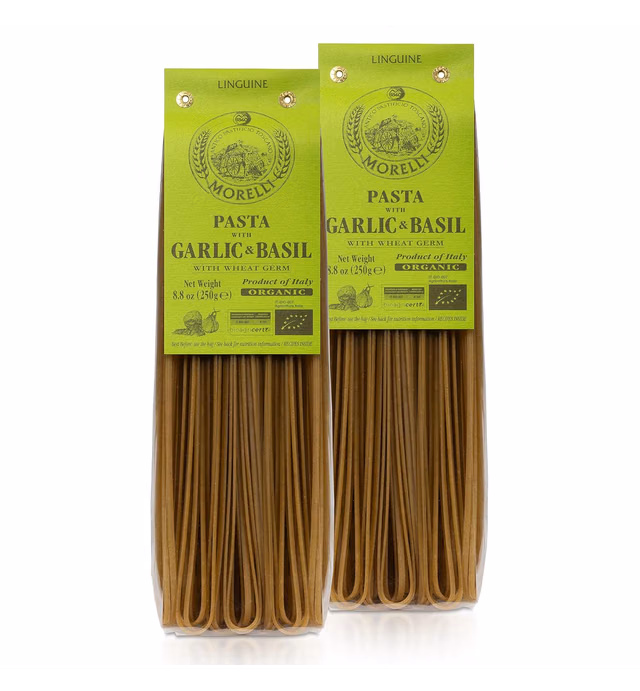 Morelli Italian Pasta Organic Garlic and Basil Linguine - Gourmet Pasta Handmade in Small Batches - Durum Wheat Semolina, Al Dente, Italian Pasta from Italy 8.8oz / 250g - Pack of 2