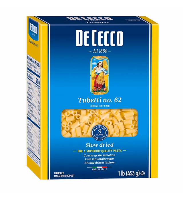 De Cecco Pasta, Tubetti No.62, Made in Italy, High in Proteing & Iron, Bronze Die, 16 Ounce (Pack of 5)