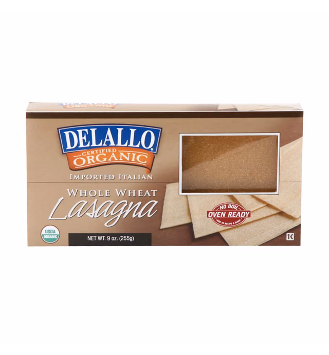 DeLallo Organic Whole Wheat Lasagna Noodles, Oven Ready, 9oz Box, 6-Pack