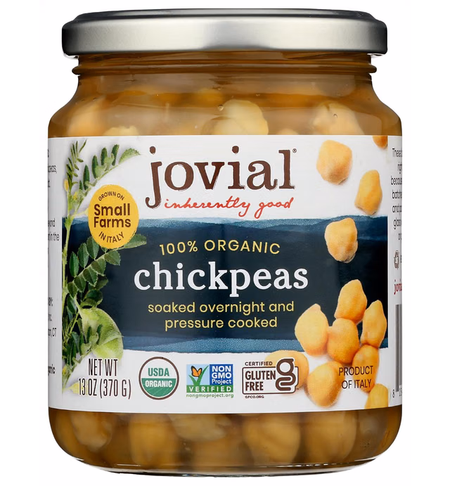 Jovial 100% Organic Chickpeas - Chickpeas, Organic Chickpeas, No Saturated Fat, Gluten Free, Recyclable Glass, Great Source of Fiber, No Additives or Preservatives, Product of Italy - 13 Oz