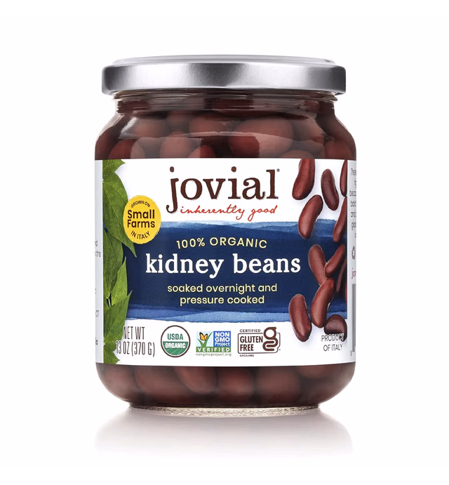 Jovial 100% Organic Kidney Beans - Kidney Beans, Organic Kidney Beans, No Saturated Fat, Gluten Free, Recyclable Glass, Great Source of Fiber, No Additives or Preservatives, Product of Italy - 13 Oz
