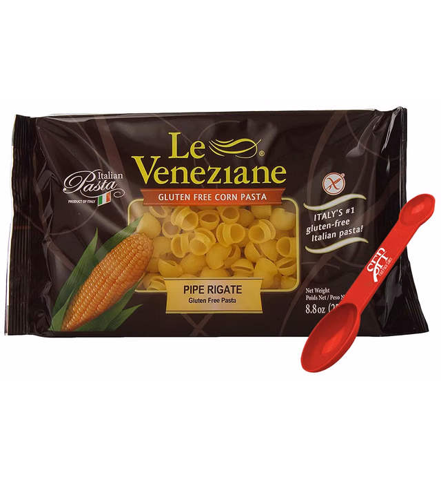 Le Veneziane Gluten Free Pasta Noodles ~ Pipe Rigate Noodles ~ Corn Pasta ~ 2 Count (8.8 Oz.) Bonus Measuring Spoon Included