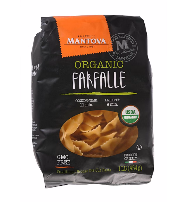 Mantova Italian Organic Pasta Bowtie Farfalle - 100% Durum Semolina Organic Farfalle -Product Of Italy 1 Pound (Pack of 6)