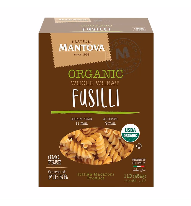 Mantova Italian Organic Whole Wheat Fusilli Pasta - 100% Durum Semolina Organic Whole Wheat Fusilli - 16 Oz - Product Of Italy, Package May Vary, 1 Pound (Pack of 6)