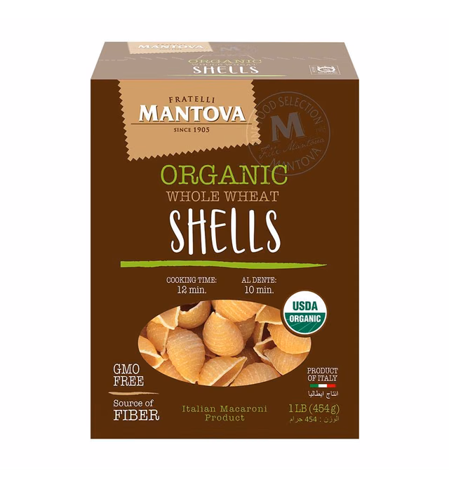Mantova Italian Organic Whole Wheat Pasta Shells - 100% Durum Semolina Organic Shells- 16 Oz (Pack Of 6) - Product Of Italy