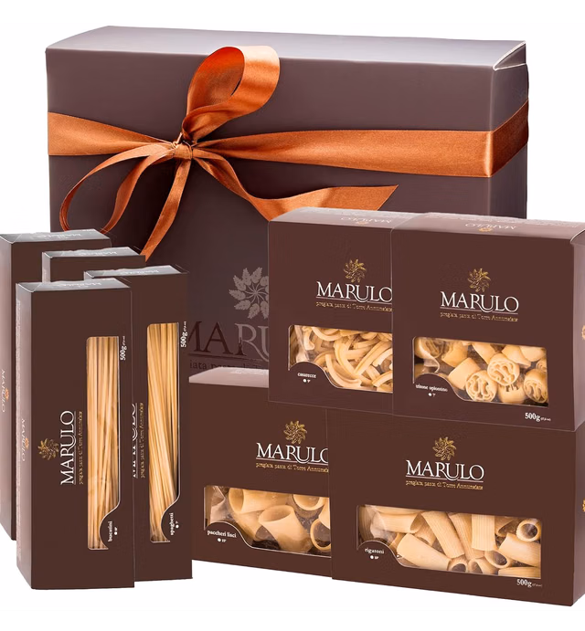 Italian Pasta, 8 Pack, Artisan Pasta Gift Set, Gourmet Bronze Cut Pasta, Luxury Gold Line Box, (Tagliatelle, Linguine Spaghetti Oplontini, Bucatini, Paccheri, Rigatoni, Caserecce, Tritone Oplontino), Marulo