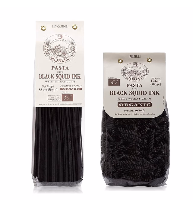 Morelli Black Squid Ink Pasta Variety Pack with Linguine and Fusilli (Rotini) - Organic Pasta - Imported Italian Pasta Sampler Includes 17.6 oz Fusilli Pasta and 8.8 oz Linguini Pasta