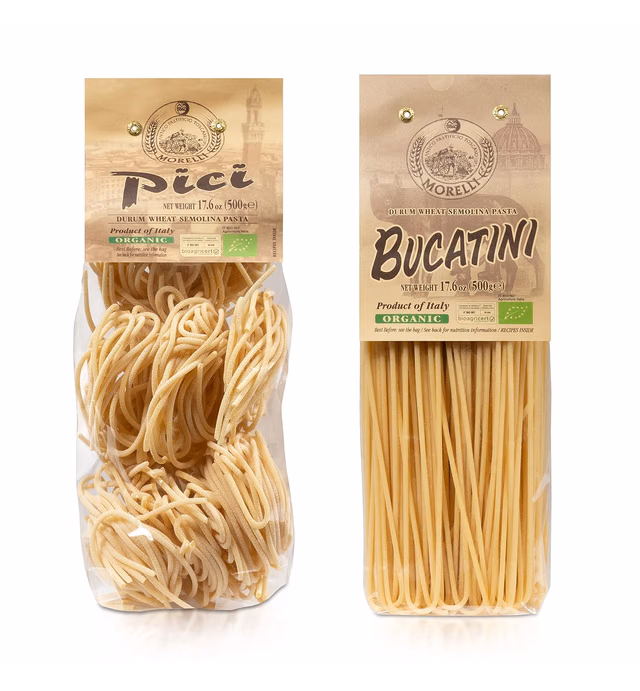 Morelli Gourmet Bucatini and Pici Italian Pasta Variety Pack - Gourmet Pasta from Italy, Imported Italian Pasta Sampler Includes 17.6 oz Bucatini Pasta and 17.6 oz Pici Pasta di Toscana