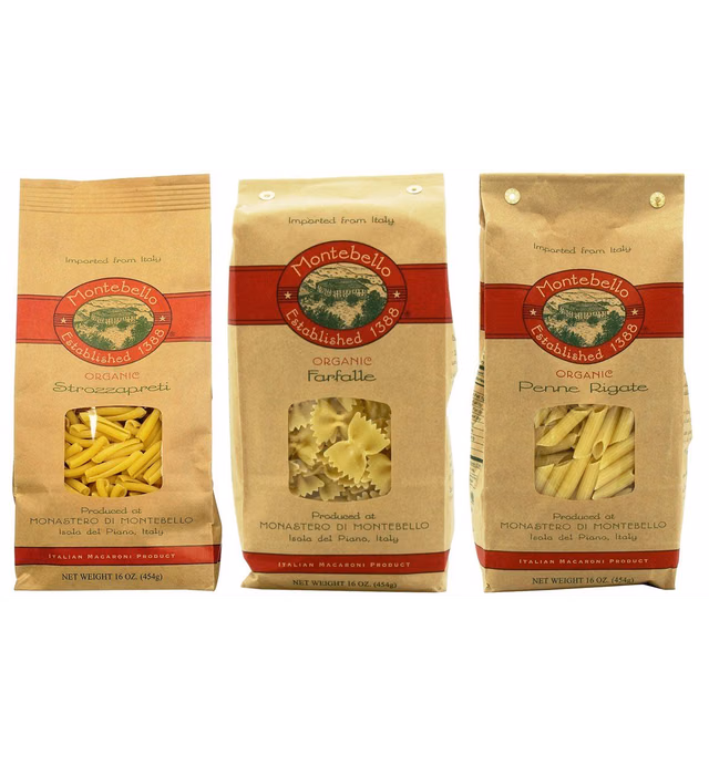 Montebello Organic Imported Italian Pasta 3 Shape Variety Bundle: (1) Strozzapreti, (1) Farfalle, and (1) Penne Rigate, 16 Oz. Ea.