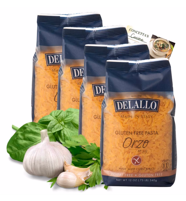 DeLallo - Gluten-Free Italian Orzo, 12 oz. (Pack of 4) | Gluten Free Orzo Pasta | Gluten Free Soup and Cooking | Made in Italy | Bundle with One (1) Authentic Delicious Concetta's Cucina Authentic Italian Recipe Card